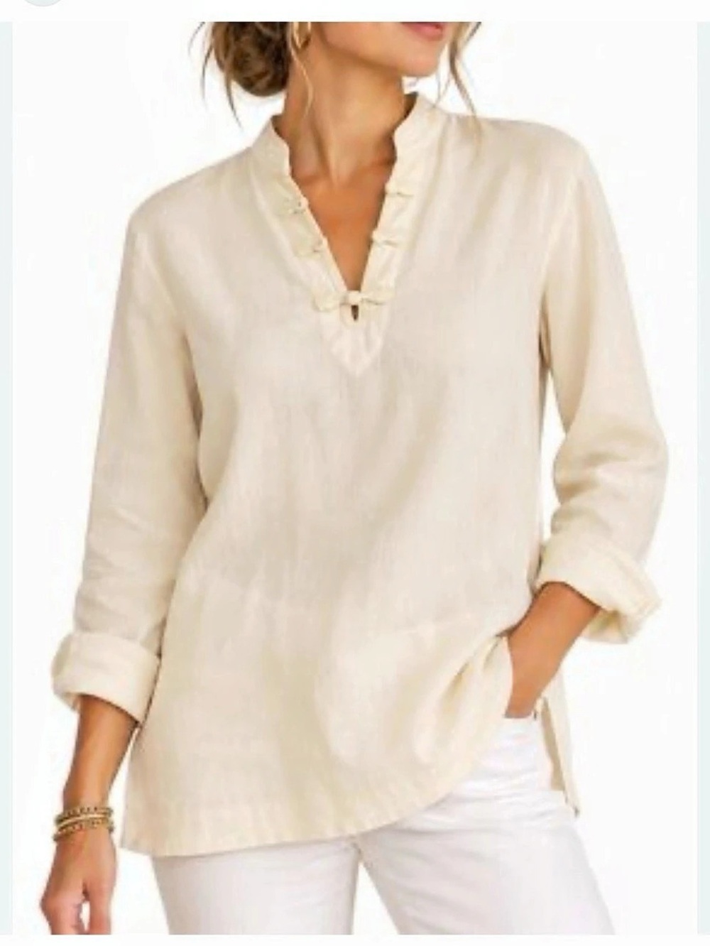 Lauren Ralph Lauren Linen Tunic Cream Frog Knot Lightweight  Minimalist Size S